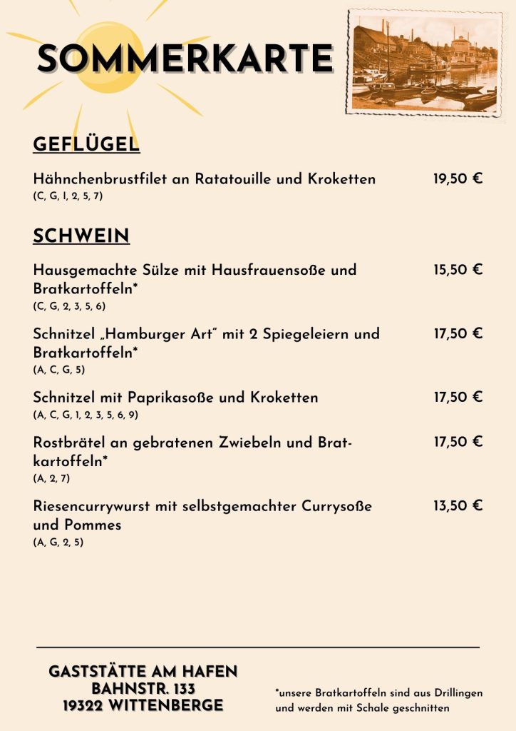Speisekarte: Geflügel + Schwein
