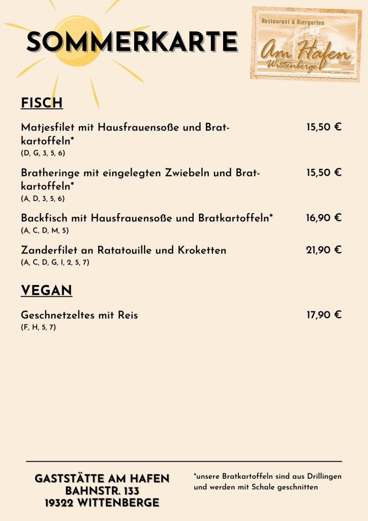 Speisekarte: Fisch + Vegan