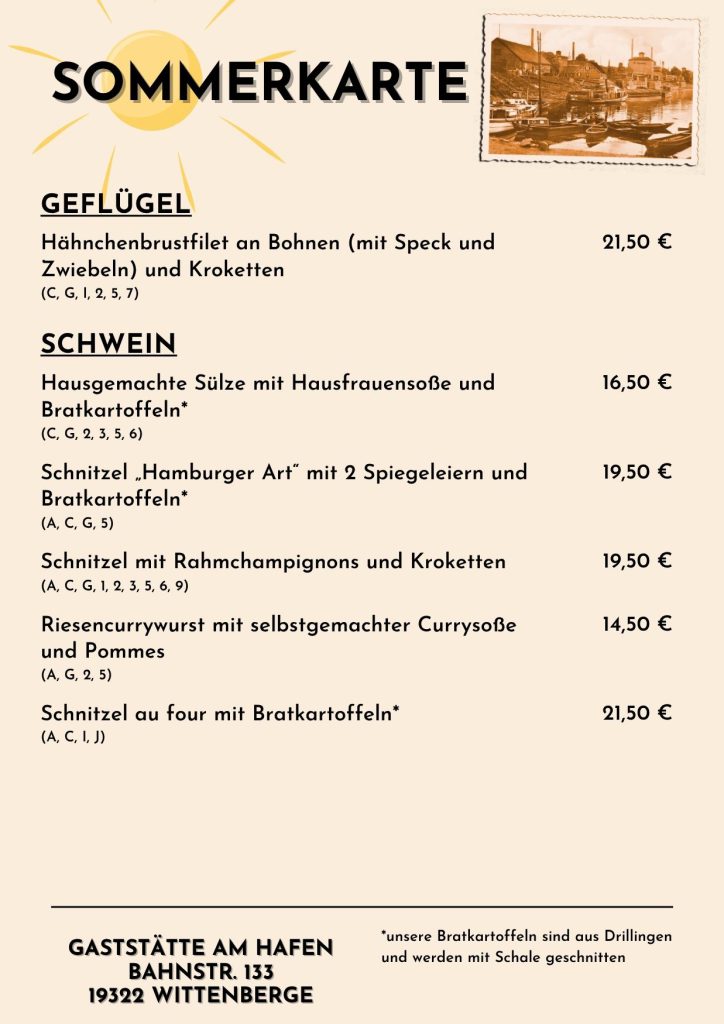 Speisekarte: Geflügel + Schwein